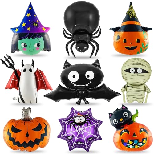 9 Stück XXL Halloween Folienballon, Halloween Luftballons Set-Kürbis, Fledermaus, Geist, Hexen, Halloween Nacht Party Balloons, Halloween Helium Balloons für Halloween Party Geburtstag Deko Kinder von Yealiely