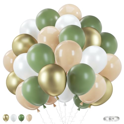 Luftballons Salbeigrün, 60 Stück Luftballons Grün Weiß Beige Metallic, Retro Grün Gold Weiss Metallic Latex Luftballons für Geburtstag, Hochzeit, Tropische Safari Dschungel Party Deko, Baby Shower von Yealiely