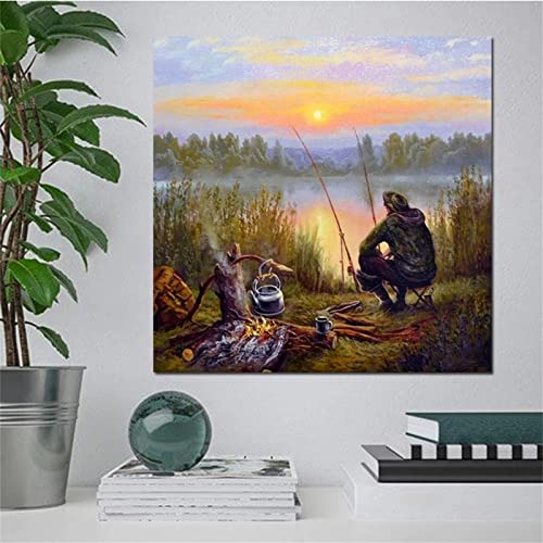 5D Diamond Painting Set,Sonnenuntergang Angler Landschaft Diamant Painting Bilder Kit DIY Erwachsene Stickerei Kreuzstich Voll Kristall Diamant Kunst Handwerk für Home Wand-Decor Round drill,50x50cm von Yeecer