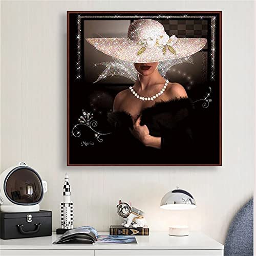 DIY Diamond Painting Weißer Hut Dame 5D Adult Kinder Diamant Painting Bilder Kits,Full Drill Strass Stickerei Kreuzstich Diamant Malerei Mosaik Kunsthandwerk für Home Wall Decor Round drill,60x60cm von Yeecer