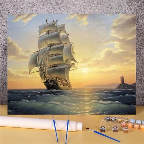 Malen Nach Zahlen Erwachsene Meereslandschaft-Segelboot,DIY Ölmalerei Kits für Anfänger Erwachsene,Leinwand Ölgemälde Set mit Pinsels und Farbe für Home Wand Dekoration Geschenk -mit Rahmen 60x75cm von Yeecer