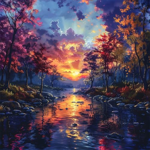 Sonnenuntergang Landschaft Diamond Painting für Erwachsene,5D Wälder Flüsse Diamant Painting Bilder,DIY Runder Diamanten Malerei Set Stickerei Kreuzstich Geschenke für Home Wand Dekoration 70x70cm von Yeecer