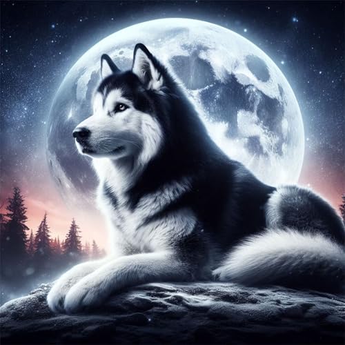 Yeecer Husky-Mond Diamond Painting für Erwachsene,5D Landschaft Tier Diamant Painting Bilder,DIY Runder Diamanten Malerei Set Stickerei Kreuzstich Geschenke für Home Wand Dekoration 30x30cm von Yeecer