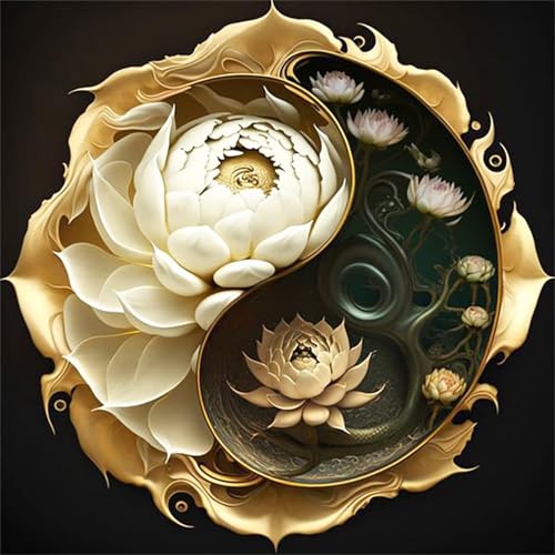 Yeecer Yin Yang Lotus Diamond Painting für Erwachsene,5D Blume Diamant Painting Bilder,DIY Runder Diamanten Malerei Set Stickerei Kreuzstich Geschenke für Home Wand Dekoration 30x30cm von Yeecer