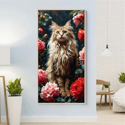 5D Diamond Painting Katze Diamond Painting Set Erwachsene, Pfingstrose Diamant Painting Bilder Kinder, DIY Diamond Dots Dimond Painting Cross Stitch Stickerei Kunsthandwerk Set, für Wanddeko 21x43inch von Yeefion