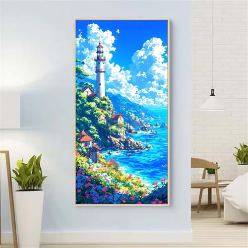 5D Diamond Painting Leuchtturm Diamond Painting Set Erwachsene, Landschaft Diamant Painting Bilder Kinder, DIY Diamond Dots Dimond Painting Cross Stitch Stickerei Kunsthandwerk, für Wanddeko 23x47inch von Yeefion