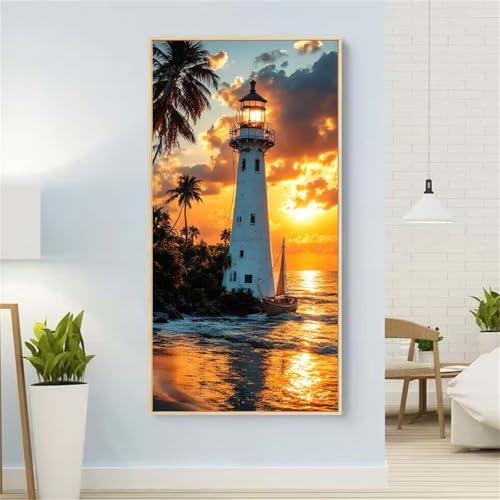 5D Diamond Painting Leuchtturm Diamond Painting Set Erwachsene, Sonnenuntergang Diamant Painting Bilder Kinder, Diamond Dots Dimond Painting Cross Stitch Stickerei Kunsthandwerk,für Wanddeko 15x31inch von Yeefion