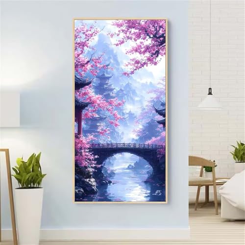 BrüCke Diamond Painting Groß xxl 40x80 cm Diamond Painting KirschblüTen Diamond Painting Erwachsene, 5D Diamant Painting Bilder Kinder, Mosaikherstellung, Home Wand Décor Aesthetic,Geschenke für Damen von Yeefion