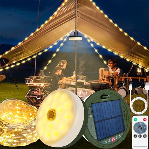 Camping Lichterkette Aufrollbar, 10M Solar Camping Lichterkette Außen, Tragbare LED Campinglampe, IP65 Wasserdichte, Wiederaufladbar über USB, Outdoor Lichterketten für Hof und Wandern (tentlight-d) von Yeelan