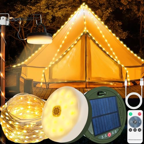 Yeelan Camping Lichterkette Aufrollbar, 10M Solar Camping Lichterkette Außen, Tragbare LED Campinglampe, IP65 Wasserdichte, Wiederaufladbar über USB, Outdoor Lichterketten für Hof und Wandern von Yeelan