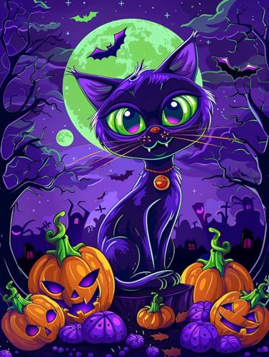 Yeerum DIY Diamond Painting Zubehör Halloween Full Set, 5D Malerei Diamant Painting Bilder Katze Kristallstickerei Kreuzstich Home Schlafzimmer Büro Wanddekoration 40x50cm von Yeerum