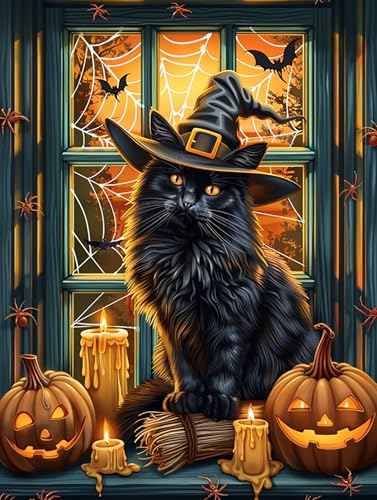 Yeerum 5D Diamond Painting by Numbers Kits for Adults Halloween Round Full Drill, DIY Diamond Art Pumpkin Cat Kits for Beginner Embroidery Cross Stitch Arts Crafts Home Decoration 30x40cm von Yeerum