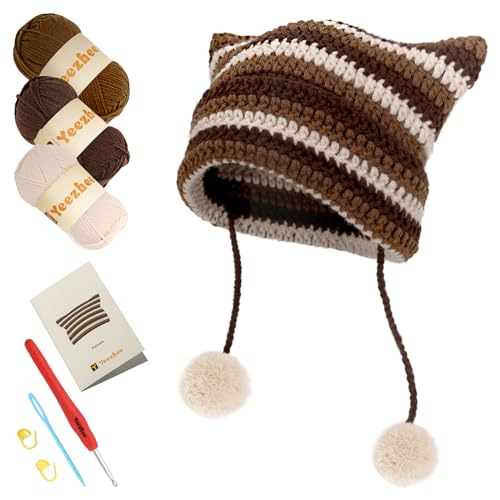 Yeezhee Häkelset für Anfänger, Häkelmütze Starter Kit mit Schritt-für-Schritt-Video-Tutorials, Katzen-Beanie-Strickset inklusive Garn, Häkelnadeln (Folivora) von Yeezhee