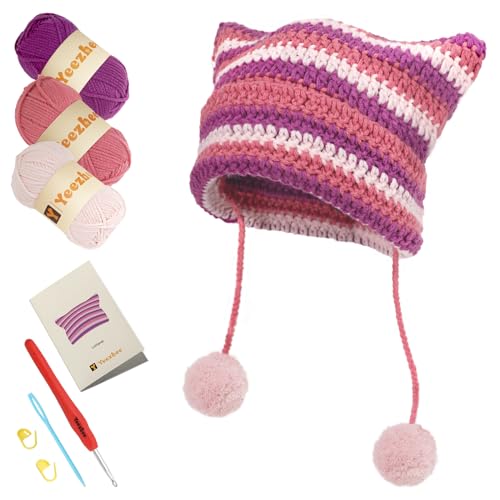 Yeezhee Häkelset für Anfänger, Häkelmütze Starter Kit mit Schritt-für-Schritt-Video-Tutorials, Katzen-Beanie-Strickset inklusive Garn, Häkelnadeln (Lollipop) von Yeezhee