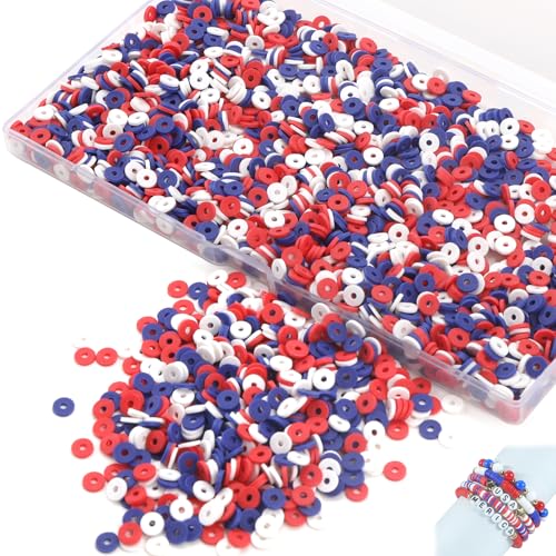 Yenblow 3000 Stück rot-weiß-blaue Tonperlen-Set, 6 mm, Festival-Abstandshalter, flache, runde Ton-Polymer-Ton-Perlen, Armband, Zubehör für Schmuckherstellung, Basteln, DIY, Halskette, Armbänder, von Yenblow