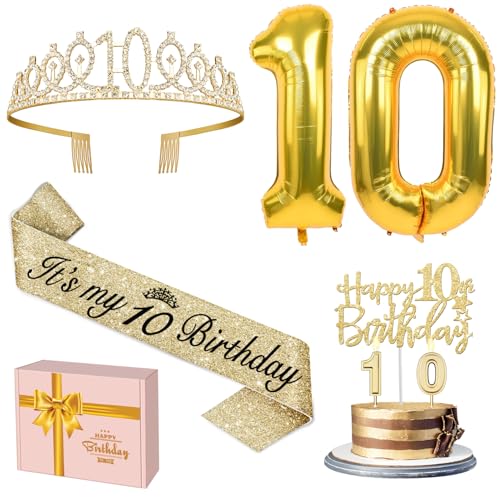 10 Geburtstag Dekorationen für Mädchen Gold, Einschließlich 10 Geburtstag Schärpe und Tiara, Geburtstag Kuchen Topper und Zahl 10 Kerzen, Gold Zahl 10 Luftballons, 10 Geburtstag Geschenke für Mädchen von YeohJoy