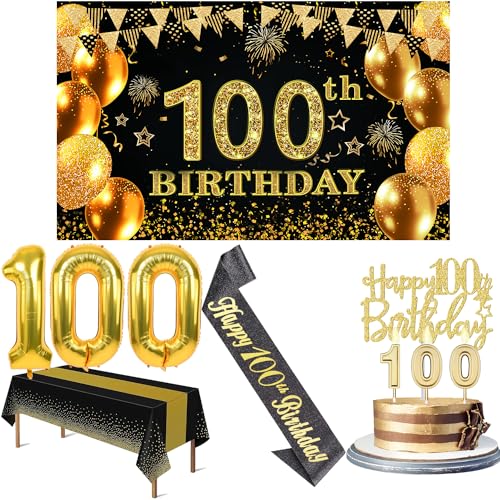 100 Geburtstag Dekorationen Männer Frauen mit 100 Geburtstag Banner, Schwarz und Gold Tischdecke, 100 Zahlenballons, 100 Geburtstag Schärpe, 100 Geburtstag Kuchen Topper und 100 Geburtstag Kerzen von YeohJoy