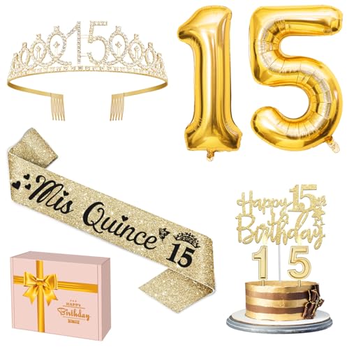 15 Geburtstag Dekorationen für Mädchen Gold, Einschließlich 15 Geburtstag Krone und Schärpe, 15 Geburtstag Kerzen und Kuchen Topper, Gold 15 Geburtstag Luftballons, Süße 15 Geburtstag Dekorationen von YeohJoy