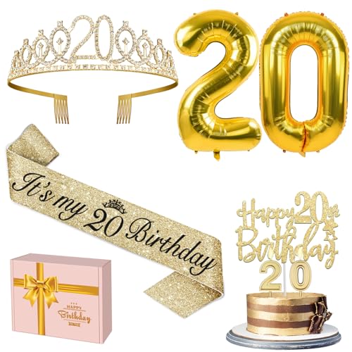 20 Geburtstag Dekorationen für Frauen Gold Set mit 20 Geburtstag Tiara und Schärpe Gold, 20 Geburtstag Cake Topper und Zahl 20 Kerzen, 20 Ballon Zahlen, 20 Geburtstag Geschenke für Frauen von YeohJoy