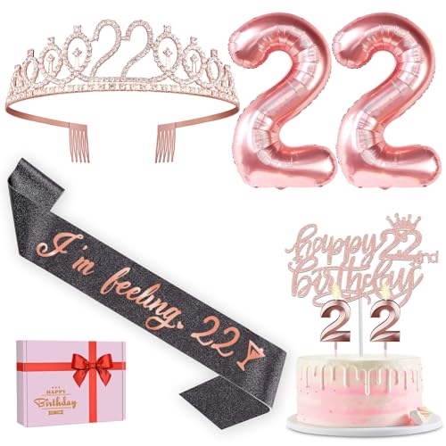 22. Geburtstag Dekorationen für Frauen, einschließlich Glitzer I'm Feeling 22 Schärpe Schwarz und 22. Geburtstag Tiara, 22 Geburtstag Kuchen Topper und Kerzen 22, Rose Gold 22 Luftballons, 22. von YeohJoy