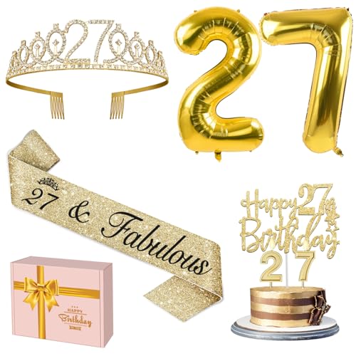 27 Geburtstag Dekorationen für Frauen Gold Set mit 27 Geburtstag Tiara und Schärpe Gold, 27 Geburtstag Cake Topper und Zahl 27 Kerzen, 27 Ballon Zahlen, 27 Geburtstag Geschenke für Frauen von YeohJoy