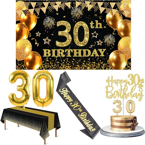 30 Geburtstag Dekorationen für Sie und Ihn mit Banner zum 30. Geburtstag, Schwarz und Gold Tischdecke, 30 Zahlenballons, 30 Geburtstag Schärpe, 30 Geburtstag Kuchen Topper und Kerzen zum 30. von YeohJoy