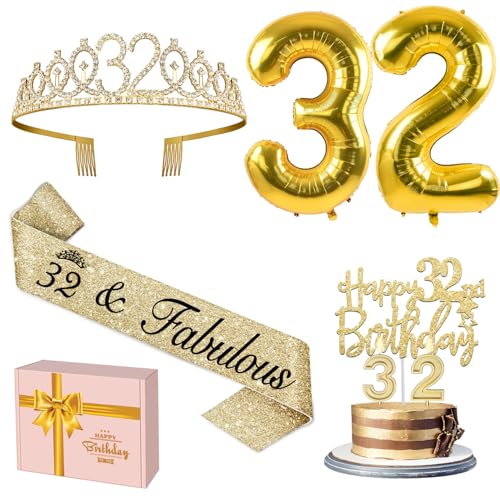 32. Geburtstag Dekorationen Frauen Gold enthalten 32. Geburtstag Schärpe und Tiara, Gold 32. Geburtstag Kuchen Topper und Geburtstag 32 Kerzen, große Gold 32 Geburtstag Luftballons, 32. Geburtstag von YeohJoy