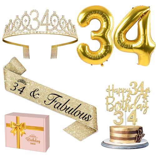 34 Geburtstag Dekorationen Frauen Gold enthalten 34 Geburtstag Schärpe und Tiara, Gold 34 Geburtstag Kuchen Topper und Geburtstag 34 Kerzen, Big Gold 34 Geburtstag Luftballons, 34 Geburtstag Geschenke von YeohJoy