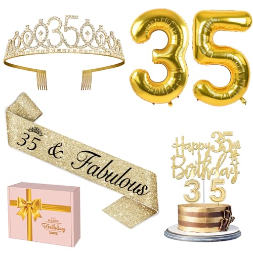 35. Geburtstag Dekorationen Frauen Gold enthalten 35 Geburtstag Schärpe und Tiara, Gold 35 Geburtstag Kuchen Topper und Geburtstag 35 Kerzen, Big Gold 35 Geburtstag Luftballons, 35 Geburtstag von YeohJoy