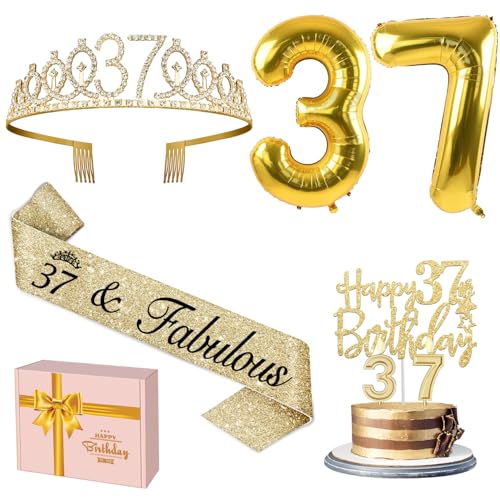 37. Geburtstag Dekorationen Frauen Gold Inklusive Schärpe und Diadem, Gold 37. Geburtstag Kuchen Topper und Geburtstag 37 Kerzen, Big Gold 37 Geburtstag Luftballons, 37 Geburtstag Geschenke für Frauen von YeohJoy