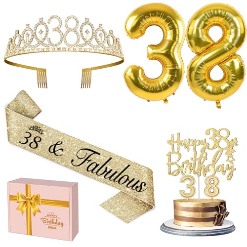 38 Geburtstag Dekorationen Frauen Gold Inklusive Schärpe und Diadem, Gold 38 Geburtstag Kuchen Topper und Geburtstag 38 Kerzen, Big Gold 38 Geburtstag Luftballons, 38 Geburtstag Geschenke für Frauen von YeohJoy