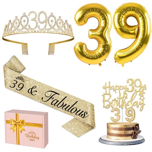 39 Geburtstag Dekorationen Frauen Gold enthalten 39 Geburtstag Schärpe und Tiara, Gold 39 Geburtstag Kuchen Topper und Geburtstag 39 Kerzen, Big Gold 39 Geburtstag Luftballons, 39 Geburtstag Geschenke von YeohJoy