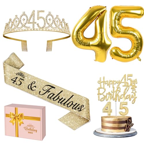 45 Geburtstag Dekorationen Frauen Gold enthalten 45 Geburtstag Schärpe und Tiara, Gold 45 Geburtstag Kuchen Topper und Geburtstag 45 Kerzen, Big Gold 45 Geburtstag Luftballons, 45 Geburtstag Geschenke von YeohJoy