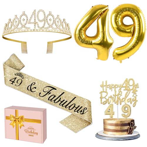 49 Geburtstag Dekorationen Frauen Gold enthalten 49 Geburtstag Schärpe und Tiara, Gold 49 Geburtstag Kuchen Topper und Geburtstag 49 Kerzen, Big Gold 49 Geburtstag Luftballons, 49 Geburtstag Geschenke von YeohJoy