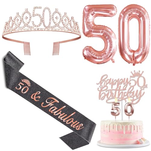 50 Geburtstag Dekorationen für Sie mit Glitzer Schwarz 50 Geburtstag Schärpe und Rose Gold 50 Geburtstag Tiara Kerzen, Cake Topper und Luftballons für 50 Geburtstag Dekorationen Frauen von YeohJoy