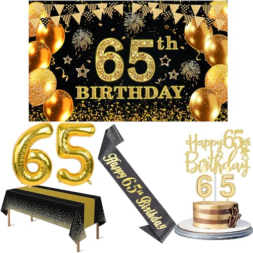 65 Geburtstag Dekorationen Männer Frauen mit 65 Geburtstag Banner, Schwarz und Gold Tischdecke, 65 Zahlenballons, 65 Geburtstag Schärpe, 65 Geburtstag Kuchen Topper und 65 Geburtstag Kerzen von YeohJoy