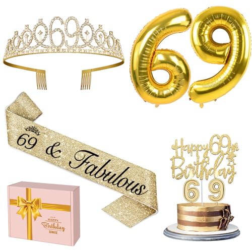 69 Geburtstag Dekorationen für Frauen Gold enthalten 69 Geburtstag Schärpe und Tiara, Gold 69 Geburtstag Kuchen Topper und Geburtstag 69 Kerzen, Big Gold 69 Geburtstag Luftballons, 69 Geburtstag von YeohJoy