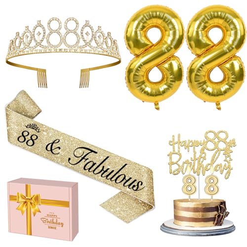 88 Geburtstag Dekorationen für Frauen Gold enthalten 88 Geburtstag Schärpe und Tiara, Gold 88 Geburtstag Kuchen Topper und Geburtstag 88 Kerzen, Big Gold 88 Geburtstag Luftballons, 88 Geburtstag von YeohJoy