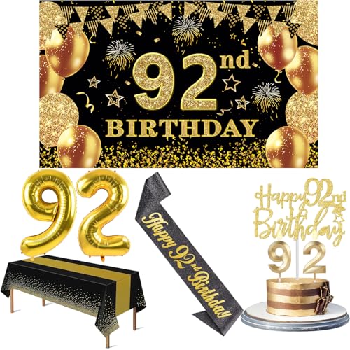 92 Geburtstag Dekorationen Männer Frauen mit 92 Geburtstag Banner, Schwarz und Gold Tischdecke, 92 Zahlenballons, 92 Geburtstag Schärpe, 92 Geburtstag Kuchen Topper und 92 Geburtstag Kerzen 92 Geburtstag Dekorationen Männer Frauen mit 92 Geburtstag Banner, Schwarz und Gold Tischdecke, 92 Zahlenballons, 92 Geburtstag Schärpe, 92 Geburtstag Kuchen Topper und 92 Geburtstag Kerzen von YeohJoy