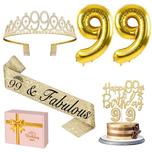 99 Geburtstag Dekorationen für Frauen Gold mit 99 Geburtstag Schärpe und Tiara, 99 Geburtstag Kuchen Topper und Kerzen, 99 Geburtstag Luftballons 99 Geburtstag Geschenke für Frauen von YeohJoy