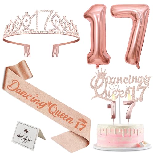 Dancing Queen Party Dekorationen 17 mit Tanzende Königin Schärpe und Diadem, Tortenaufsatz und Kerzen, Zahlenballons, 17 Geburtstag Dekorationen für Mädchen, 17 Jahre alte Geschenke für Mädchen von YeohJoy