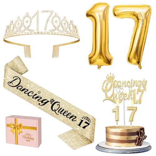 Dancing Queen Party Dekorationen 17 mit Gold Tanzende Königin Schärpe und Tiara, Tortenaufsatz und Kerzen, Zahlenballons Gold für 17 Geburtstag Dekorationen für Mädchen von YeohJoy