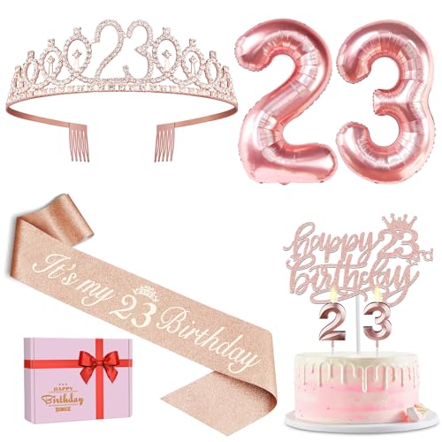 Dekoration zum 23. Geburtstag für Mädchen, inklusive Schärpe und Tiara, 23. Geburtstag Kuchenaufsatz und Zahl 23 Kerzen, 23 Luftballons, 3D-Geburtstagskarte, 23. Geburtstag Geschenke für Mädchen von YeohJoy
