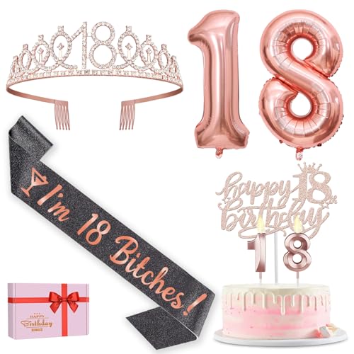 Dekorationen zum 18. Geburtstag für Mädchen enthalten glitzernde Schärpe mit Aufschrift "I'm 18 Bitches", Schwarz und Tiara, Tortenaufsatz und Zahlenballons zum 18. Geburtstag, Luftballons zum 18. von YeohJoy