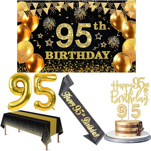 Partydekorationen zum 95. Geburtstag mit Banner zum 95. Geburtstag, Schwarz und Gold, Tischdecke, 95 Zahlenballons, Schärpe zum 95. Geburtstag, Tortenaufsatz zum 95. Geburtstag und Kerzen zum 95. von YeohJoy