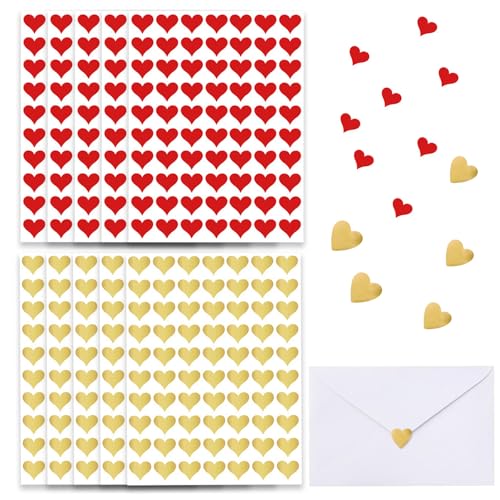 Yeomju 10 Stück 700 PCS Herz Sticker Hochzeit Glitzer Aufkleber Selbstklebend Herzform Sticker Herzen Herz-Aufkleber für Geschenke, Siegel, Basteln und Scrapbooking(Gold&Rot) von Yeomju