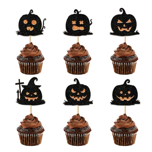 Yeomju 12 Stück Halloween Deko Kürbis Cupcake Topper Aufsätze Dekorationen Schwarz Kürbis Tortendeko Glitzernde Pumpkin Halloween Party DekoGeburtstagsbaby Geschenk von Yeomju