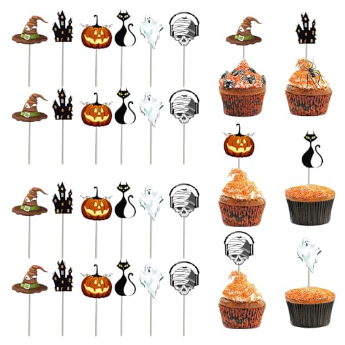 Yeomju 24 Stück Halloween Cupcake Topper Hexenhut Gespenstiges Geist Katze Kürbis Cupcake Für Halloween Baby Shower Kinder Jungen Mädchen Geburtstagsparty Kuchen Dekorations von Yeomju