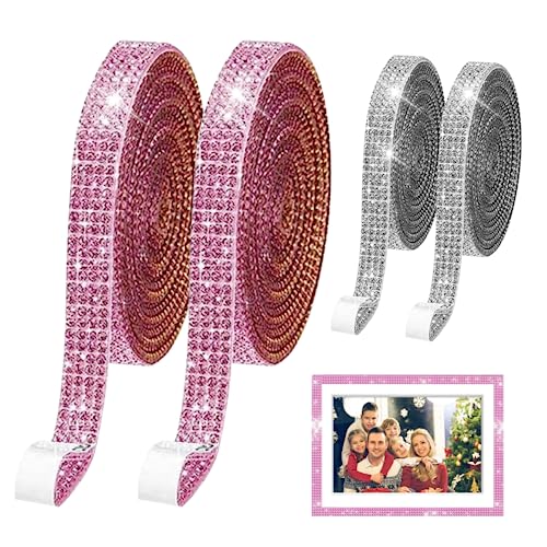 Strassbänder 4pcs 90x0,8 cm 4 Reihen von Kristallen SHinny Trimmable White Deep Pink Strass Blech Selbstklebiger Selbstklebstoff Strassstände von Yeory