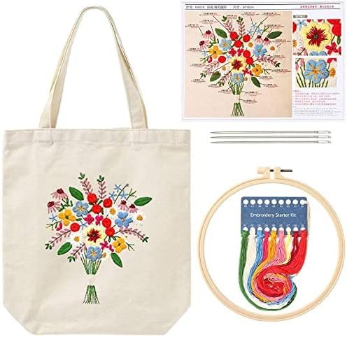 Yerleomit Sticken Set Erwachsene Canvas Tasche mit Anleitung, Stickset Erwachsene für Anfänger Embroidery Kit Stickerei Set Inklusive Sticktasche mit Blumenmuster Stickrahmen Bunten Fäden von Yerleomit